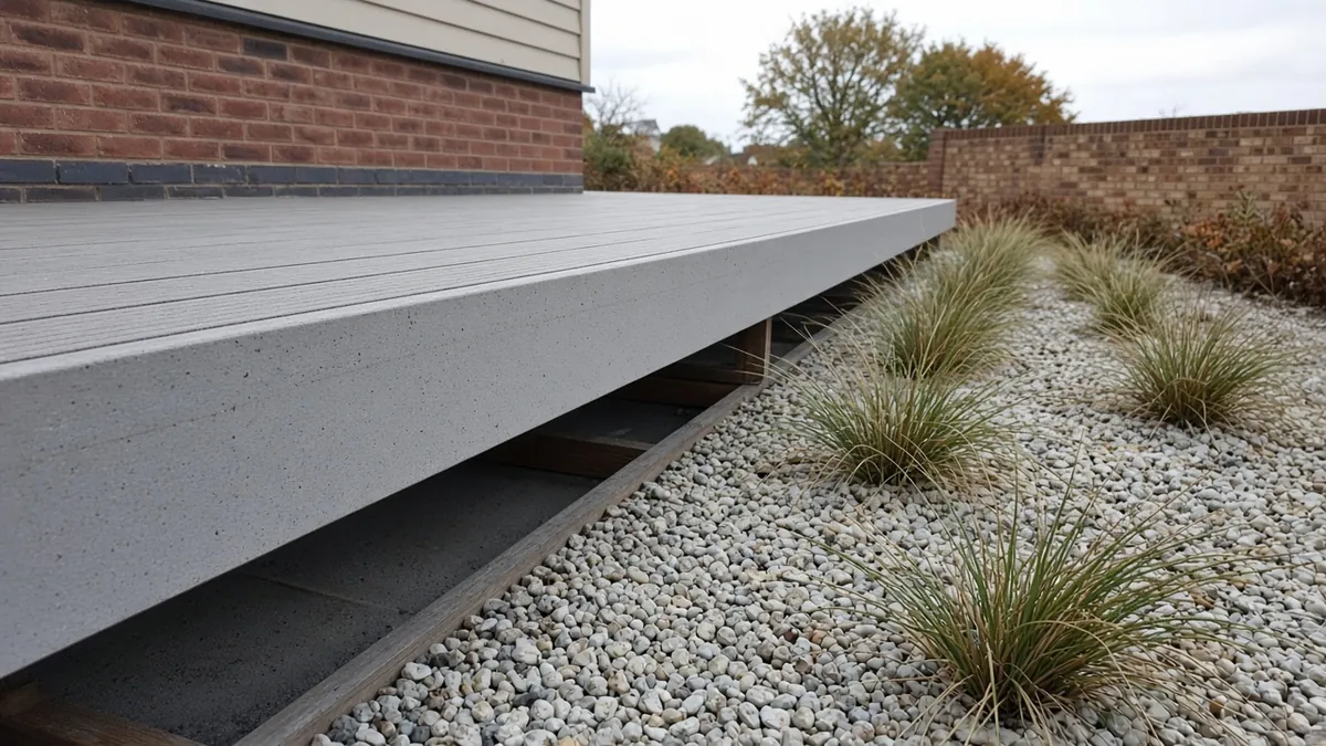 Example image: low view of a composite deck edge with a ventilation gap above a gravel strip