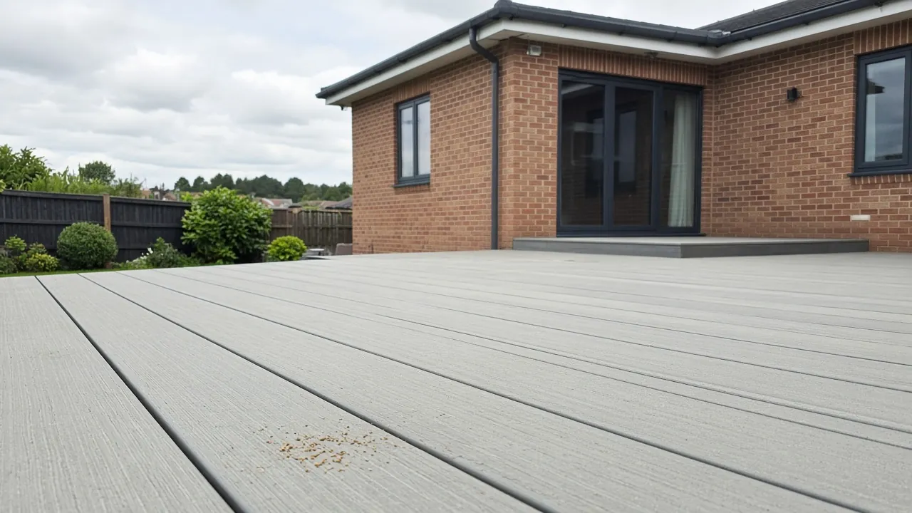 Example image: pale composite deck with a little sand on it near the beach