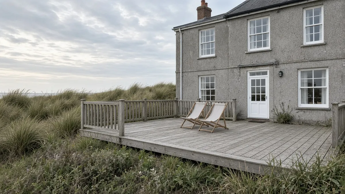 Example image: weathered silver hardwood deck in a dune-side garden