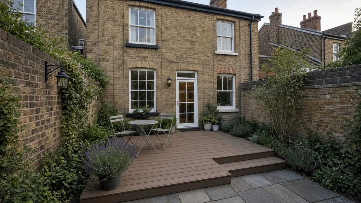 Example image: composite deck behind a Saltburn Victorian terrace at golden hour