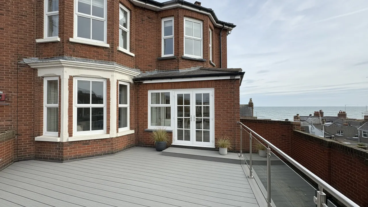 Example image: grey composite deck behind a Victorian seafront terrace with the sea beyond