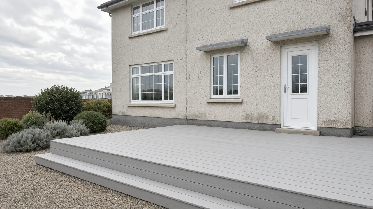 Example image: newly replaced composite deck behind a 1930s semi near the coast