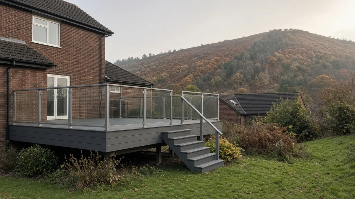 Example image: raised charcoal composite deck with glass infill balustrade on a sloping garden below the Eston Hills